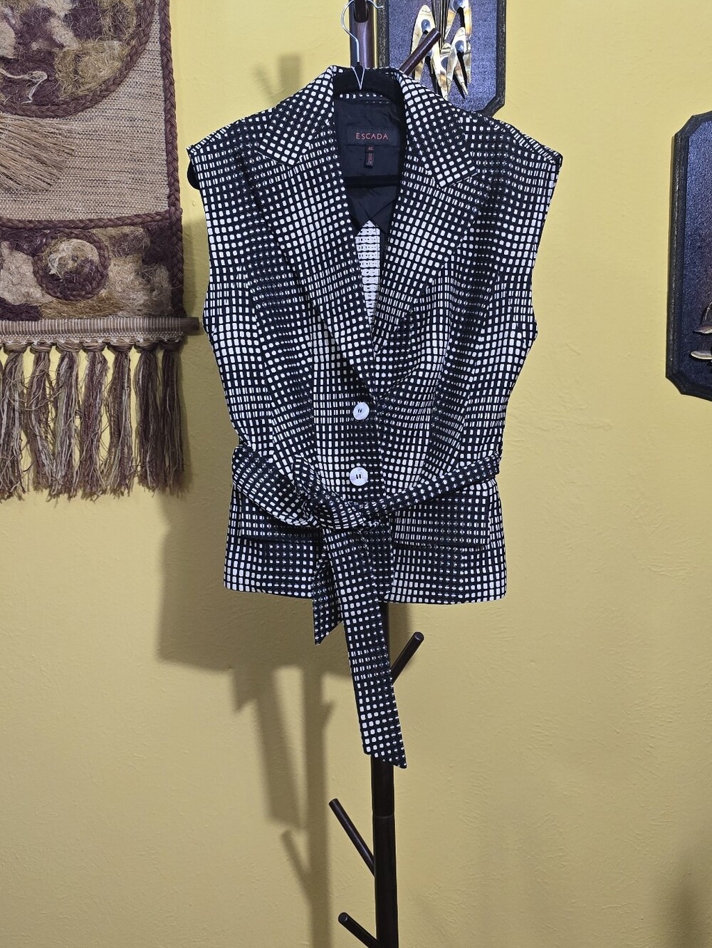 Escada Black and White Checked Sleeveless Blazer Vest with Tie Sz L